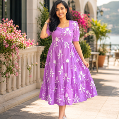 Elegant Purple Floral Rayon Dress for Women