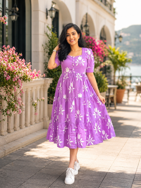 Elegant Purple Floral Rayon Dress for Women
