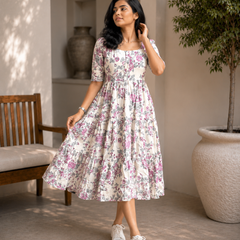 Elegant White Floral Rayon Dress for Women