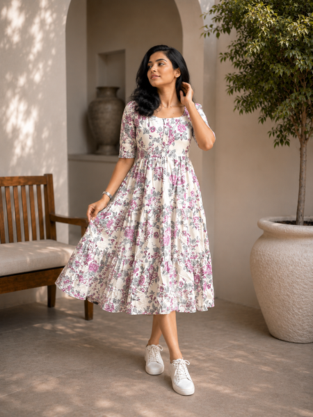 Elegant White Floral Rayon Dress for Women