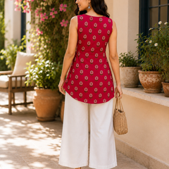 Women’s Maroon Rayon Floral Print Sleeveless Short Kurti