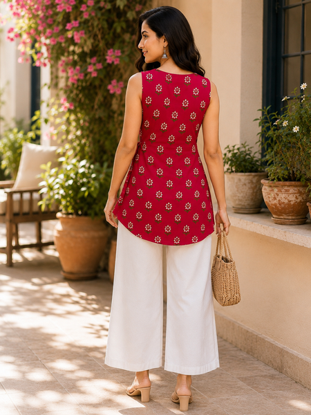 Women’s Maroon Rayon Floral Print Sleeveless Short Kurti