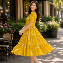 Elegant Yellow Floral Rayon Dress for Women