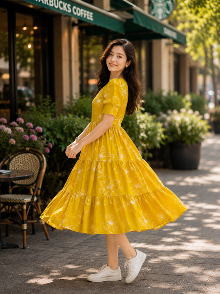 Elegant Yellow Floral Rayon Dress for Women