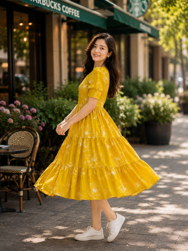 Elegant Yellow Floral Rayon Dress for Women