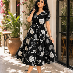 Elegant Black Floral Rayon Dress for Women