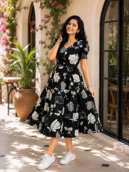 Elegant Black Floral Rayon Dress for Women