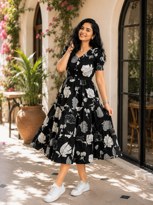 Elegant Black Floral Rayon Dress for Women