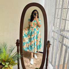Women's Sky Blue Floral Print Casual Midi Dress