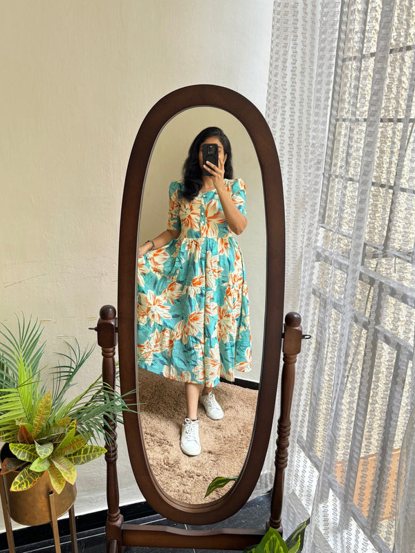 Women's Sky Blue Floral Print Casual Midi Dress
