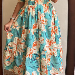 Women's Sky Blue Floral Print Casual Midi Dress