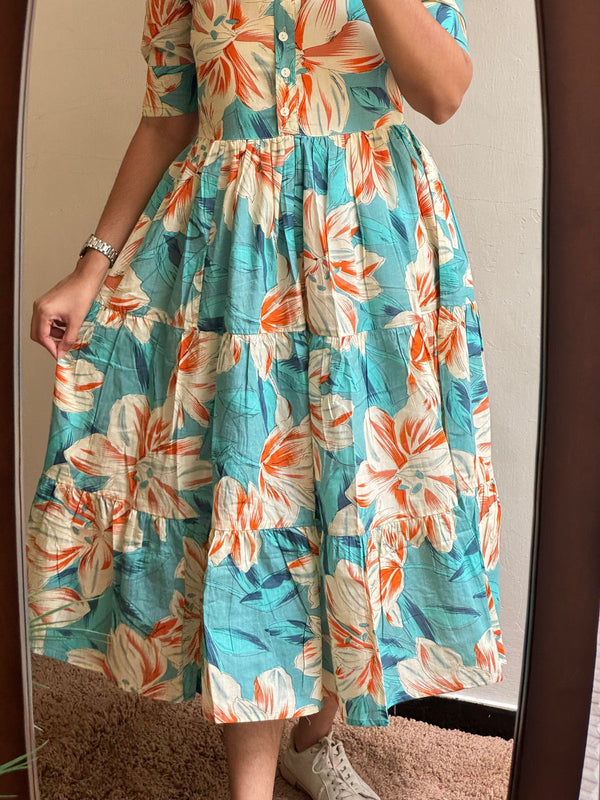 Women's Sky Blue Floral Print Casual Midi Dress