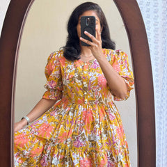 Elegant Mustard Floral Rayon Dress for Women