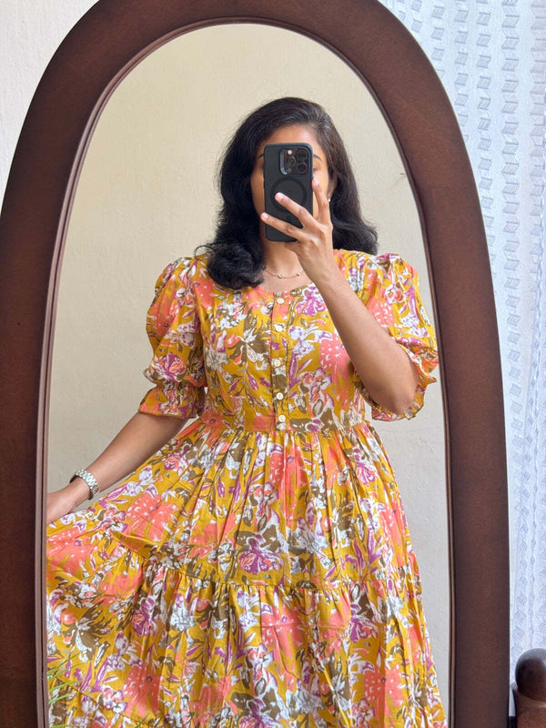 Elegant Mustard Floral Rayon Dress for Women