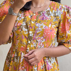 Elegant Mustard Floral Rayon Dress for Women