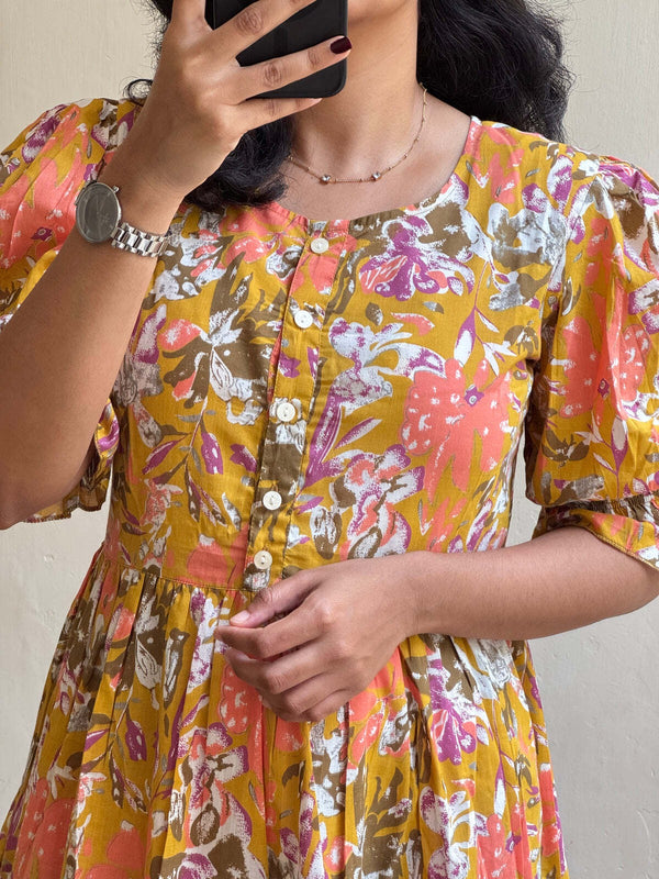 Elegant Mustard Floral Rayon Dress for Women