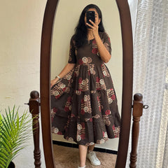 Elegant Brown Floral Rayon Dress for Women