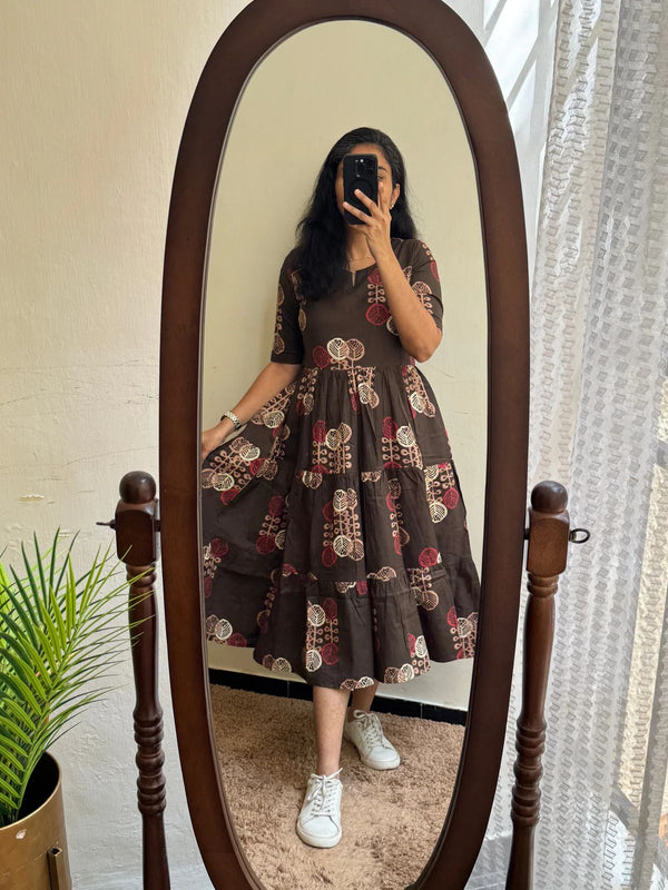 Elegant Brown Floral Rayon Dress for Women