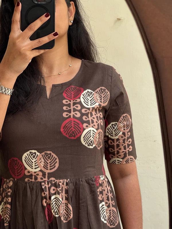 Elegant Brown Floral Rayon Dress for Women