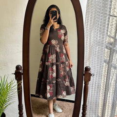 Elegant Brown Floral Rayon Dress for Women