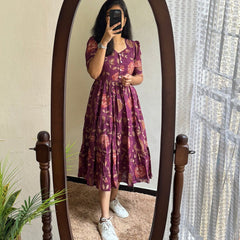 Purple Floral Printed Viscose Rayon Midi Dress for Women