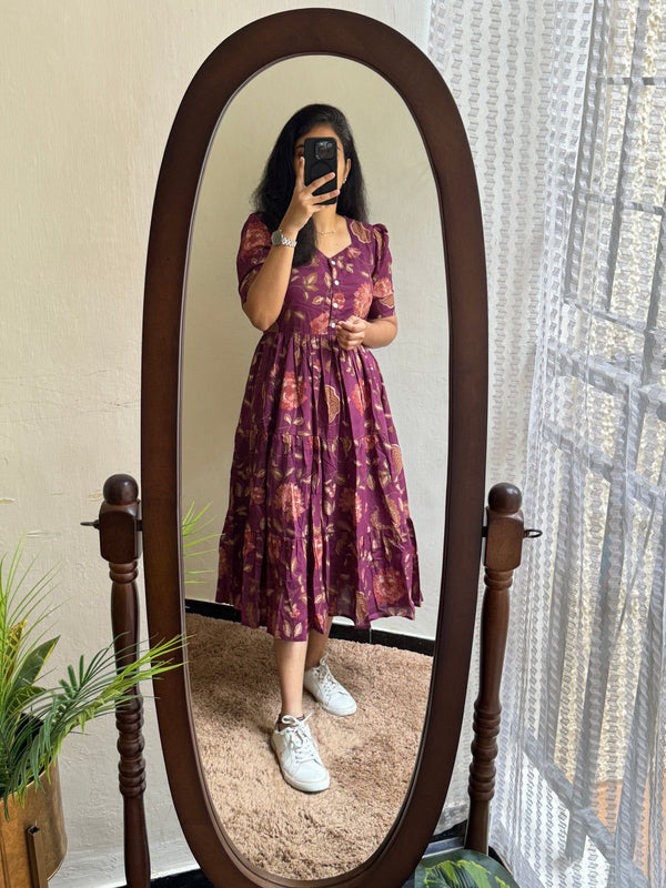 Purple Floral Printed Viscose Rayon Midi Dress for Women