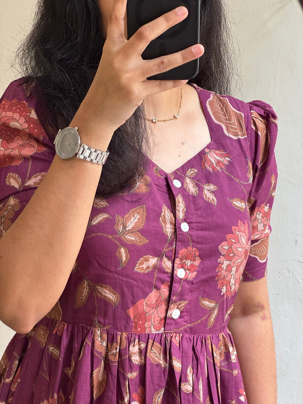 Purple Floral Printed Viscose Rayon Midi Dress for Women