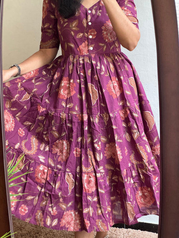 Purple Floral Printed Viscose Rayon Midi Dress for Women