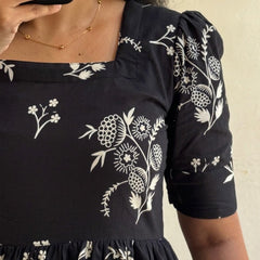 Black Floral Printed Viscose Rayon Midi Dress for Women