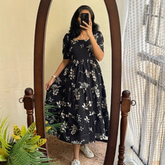 Black Floral Printed Viscose Rayon Midi Dress for Women