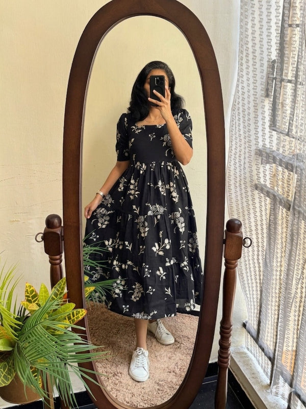 Black Floral Printed Viscose Rayon Midi Dress for Women