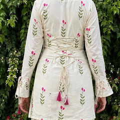 Women’s Ivory White Floral Cotton Kurta Pant Set with Pink Dupatta