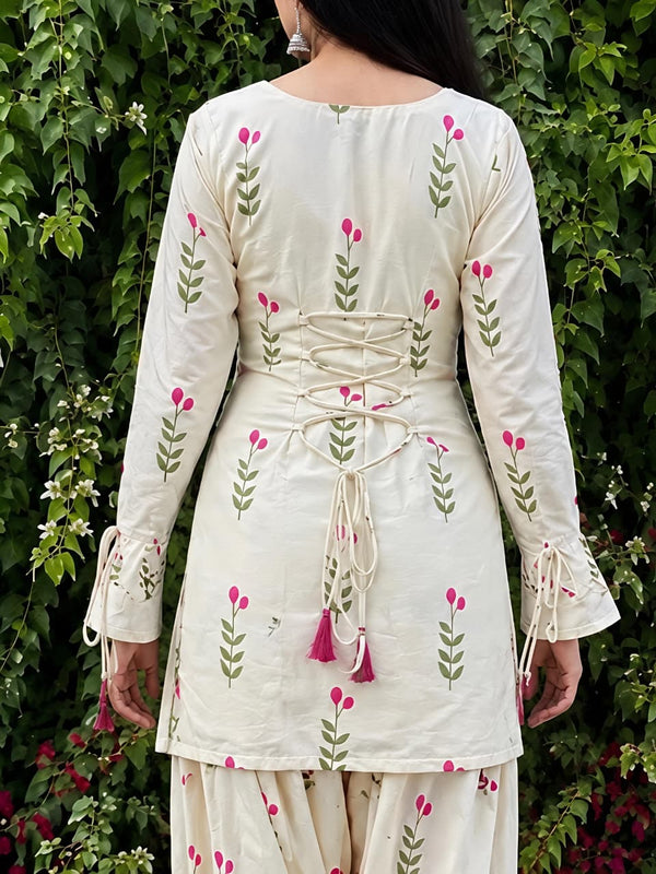 Women’s Ivory White Floral Cotton Kurta Pant Set with Pink Dupatta