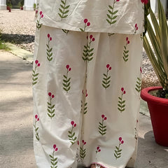 Women’s Ivory White Floral Cotton Kurta Pant Set with Pink Dupatta
