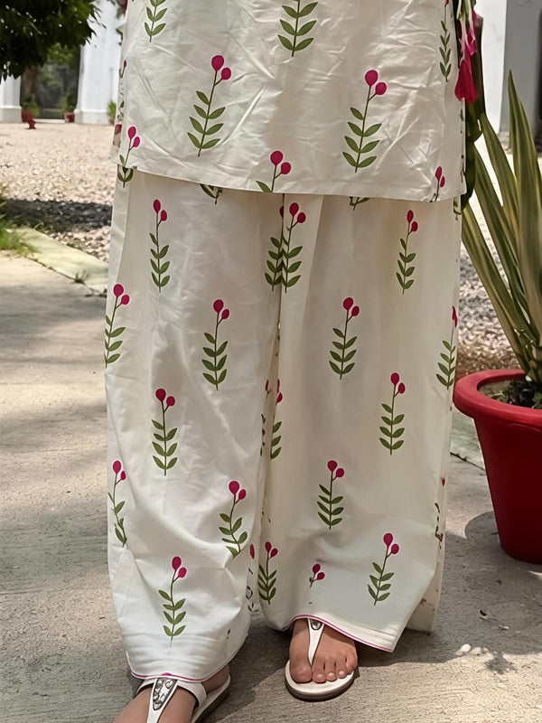 Women’s Ivory White Floral Cotton Kurta Pant Set with Pink Dupatta