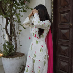 Women’s Ivory White Floral Cotton Kurta Pant Set with Pink Dupatta
