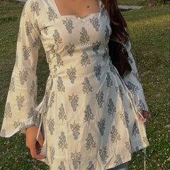 White Floral Printed Cotton Short Kurti with Tie-Up Details
