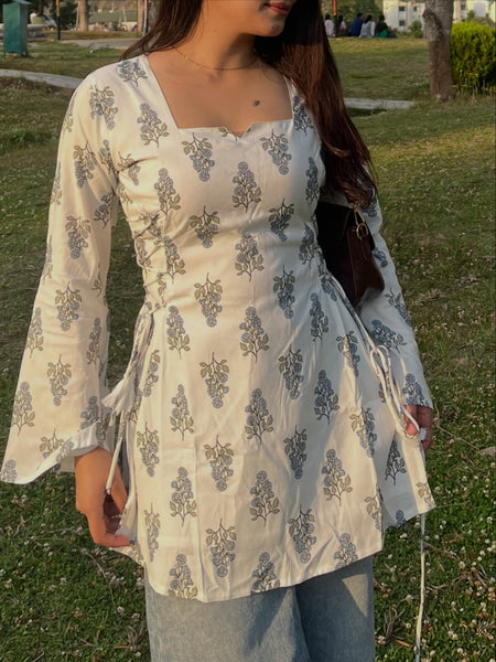 White Floral Printed Cotton Short Kurti with Tie-Up Details