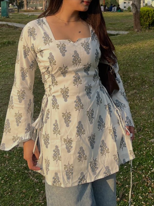 White Floral Printed Cotton Short Kurti with Tie-Up Details