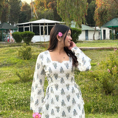 White Floral Printed Cotton Short Kurti with Tie-Up Details