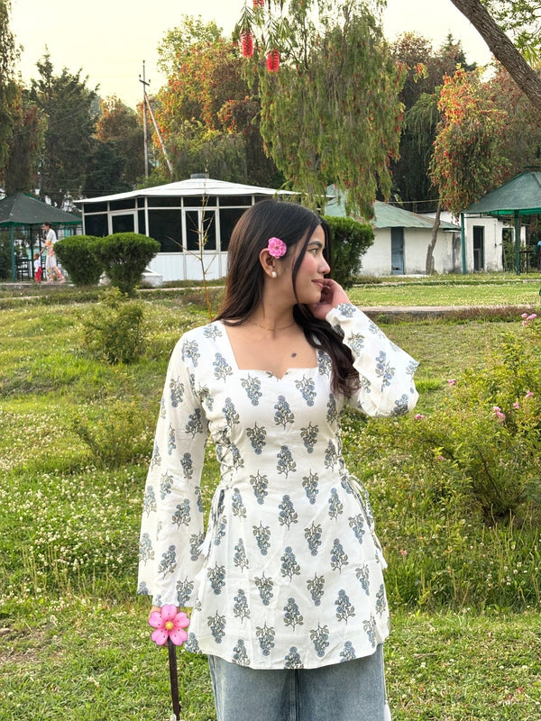 White Floral Printed Cotton Short Kurti with Tie-Up Details