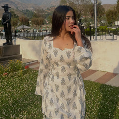 White Floral Printed Cotton Short Kurti with Tie-Up Details