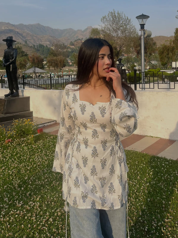 White Floral Printed Cotton Short Kurti with Tie-Up Details