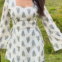 White Floral Printed Cotton Short Kurti with Tie-Up Details
