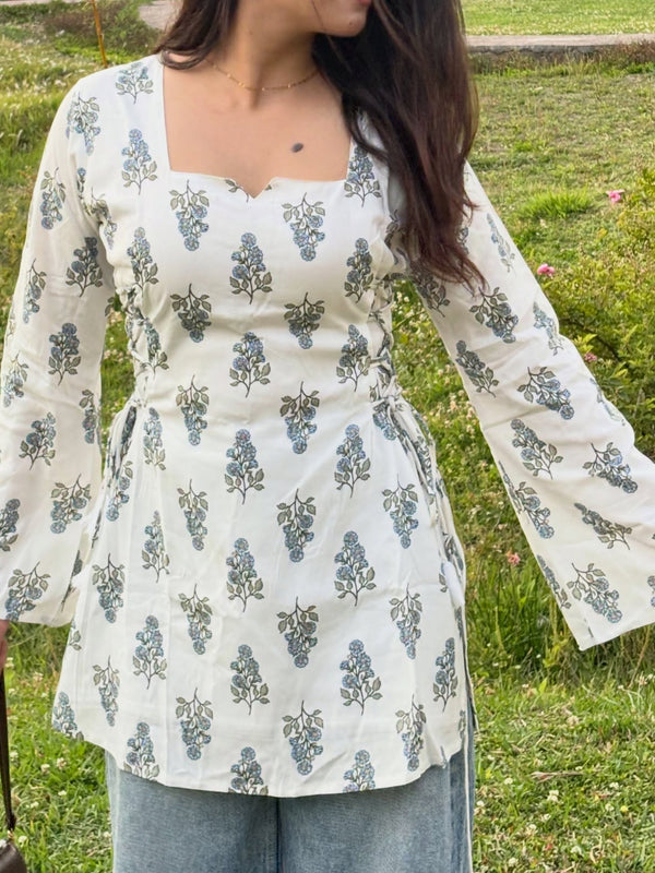 White Floral Printed Cotton Short Kurti with Tie-Up Details