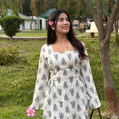 White Floral Printed Cotton Short Kurti with Tie-Up Details