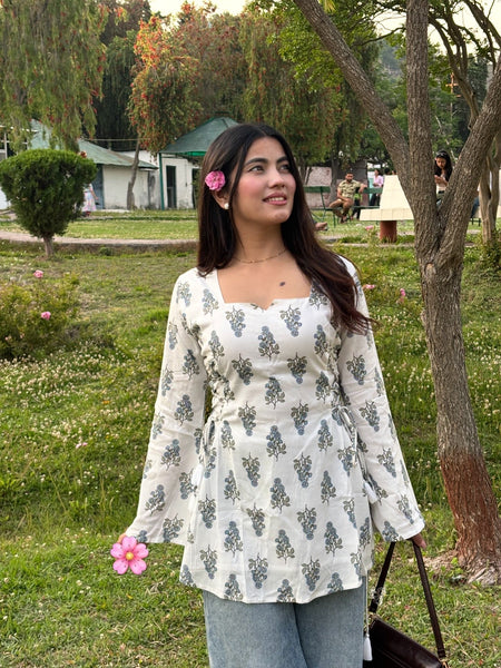 White Floral Printed Cotton Short Kurti with Tie-Up Details