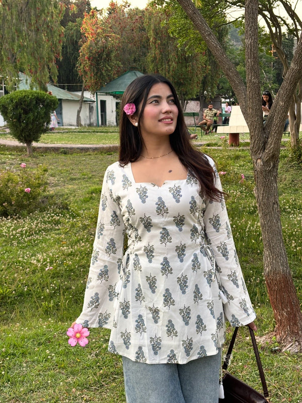 White Floral Printed Cotton Short Kurti with Tie-Up Details