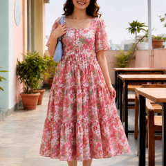 Pink Floral Printed Cotton Maxi Dress for Women