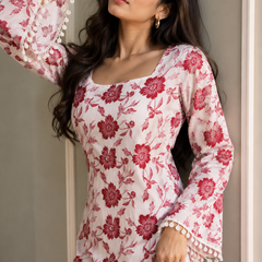 Pink Floral Cotton Kurti with Bell Sleeves